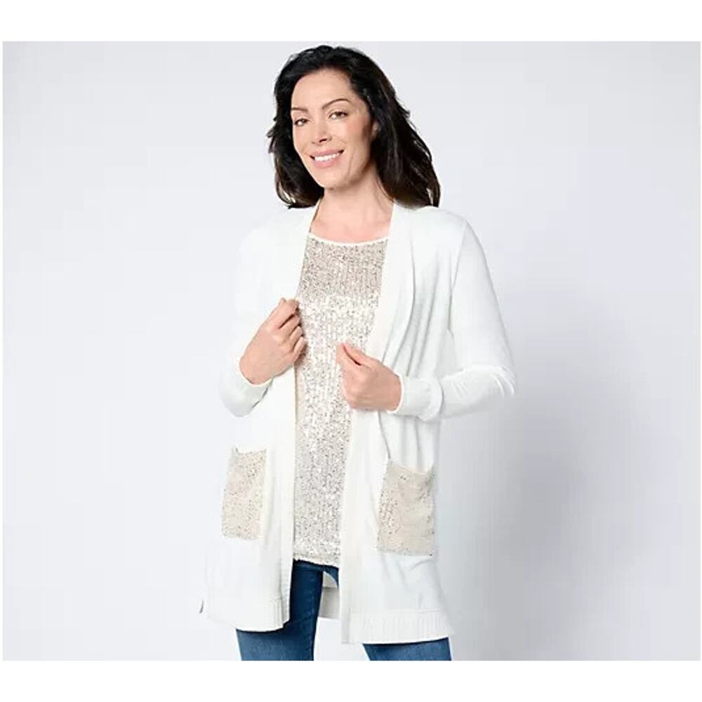 Jingle Belles Kim Gravel Sequin Pocket Brushed Knit Duster Cardigan Cream Medium
